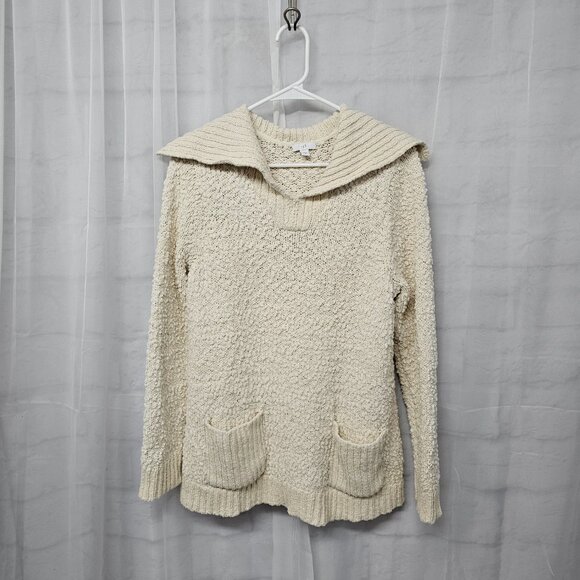 J Jill Cream Popcorn Chenille Sweater Fisherman Shawl Collar Preppy M - Picture 8 of 12